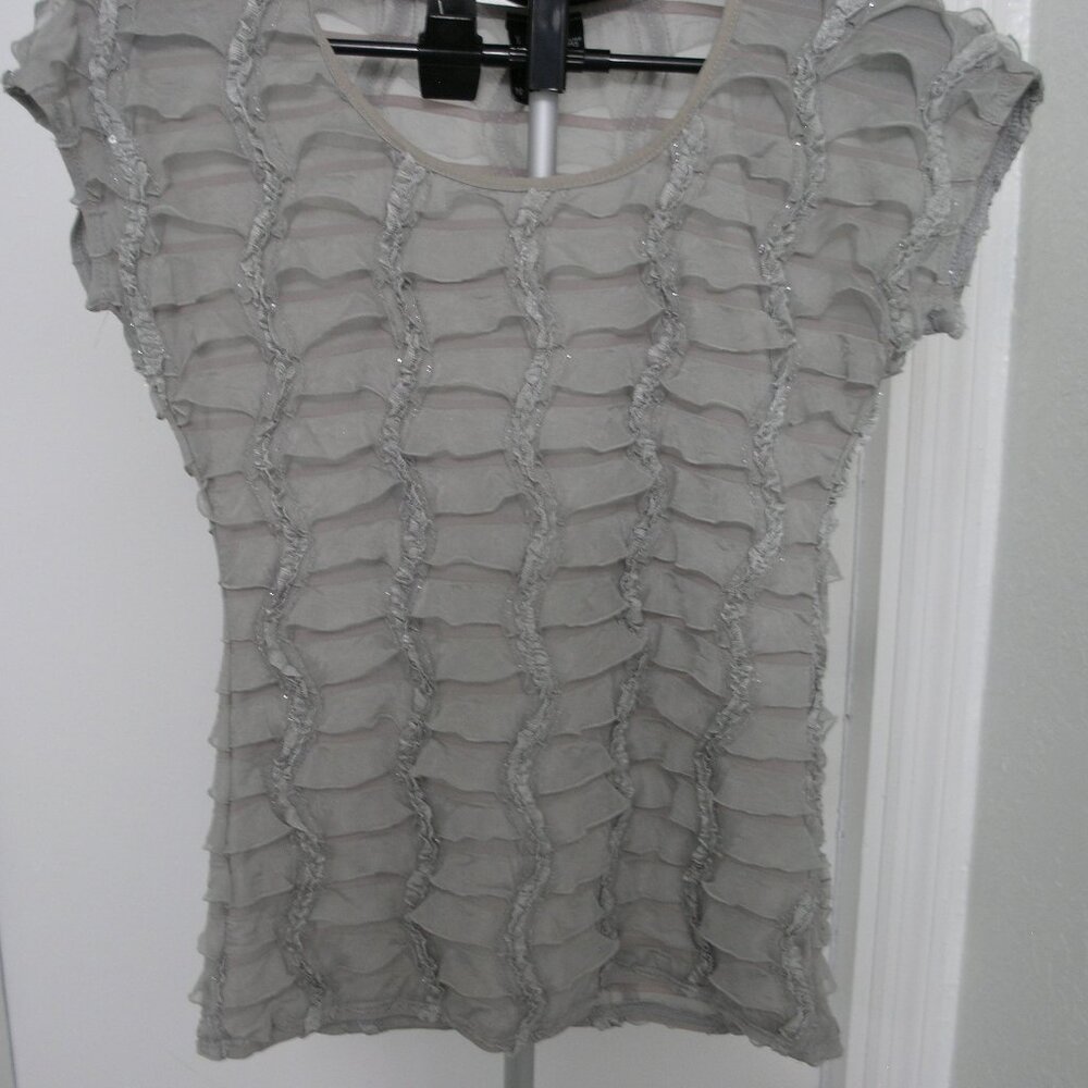 New Directions Grey Ruffle Blouse with silver threads, with Cap Sleeves,  Small